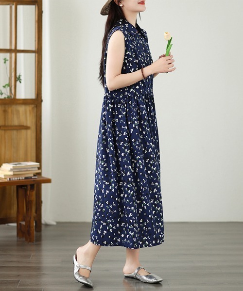 ONEP STAR（ワンピスター）の「小花柄ノースリーブシャツワンピース（シャツワンピース・レディース・ネイビー・MEDIUM/LARGE/X-LARGE）」の7枚目の写真