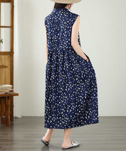 ONEP STAR（ワンピスター）の「小花柄ノースリーブシャツワンピース（シャツワンピース・レディース・ネイビー・MEDIUM/LARGE/X-LARGE）」の8枚目の写真