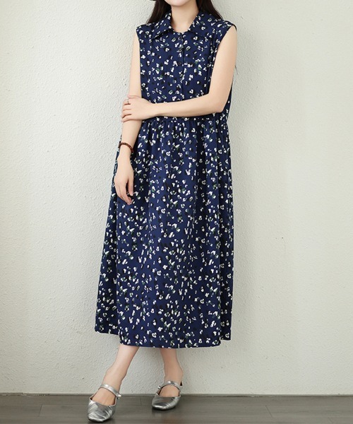 ONEP STAR（ワンピスター）の「小花柄ノースリーブシャツワンピース（シャツワンピース・レディース・ネイビー・MEDIUM/LARGE/X-LARGE）」の9枚目の写真