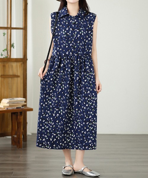 ONEP STAR（ワンピスター）の「小花柄ノースリーブシャツワンピース（シャツワンピース・レディース・ネイビー・MEDIUM/LARGE/X-LARGE）」の10枚目の写真
