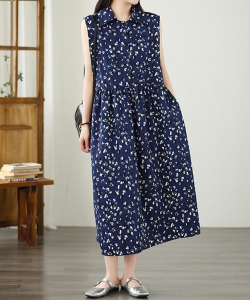 ONEP STAR（ワンピスター）の「小花柄ノースリーブシャツワンピース（シャツワンピース・レディース・ネイビー・MEDIUM/LARGE/X-LARGE）」の11枚目の写真