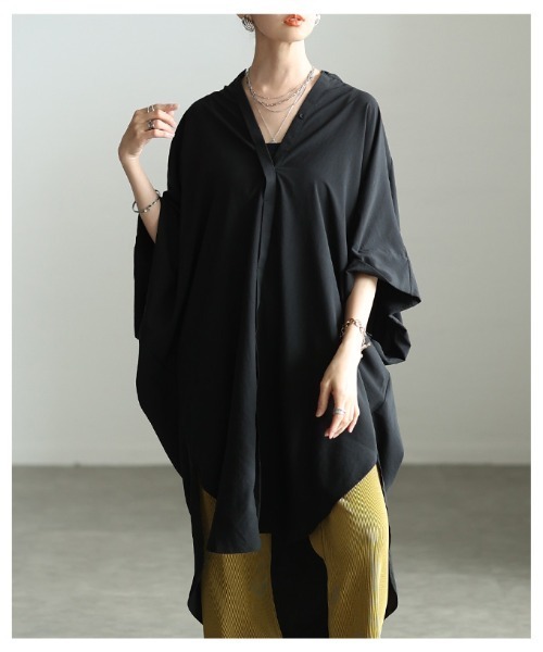 Sawa a la mode(サワアラモード)の「オーバーサイズシャツチュニック(チュニック・レディース・チャコール/オフホワイト/ブラック・FREE)」の22枚目の写真