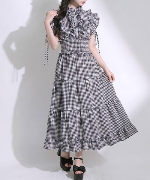 DearMyLoveRose(ディアマイラブローズ)の「プチハイネックシアーチェックティアードロングワンピース【大きいサイズあり】(ワンピース・レディース・ブルー/チェック/ホワイト・M-L/LL~3L/L~LL)」の3枚目の写真