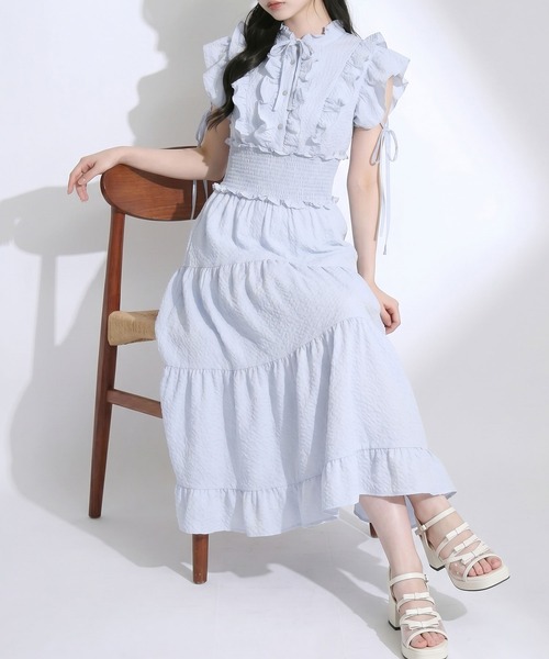 DearMyLoveRose(ディアマイラブローズ)の「プチハイネックシアーチェックティアードロングワンピース【大きいサイズあり】(ワンピース・レディース・ブルー/チェック/ホワイト・M-L/LL~3L/L~LL)」の1枚目の写真