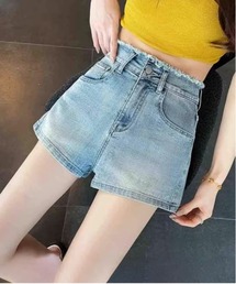 ウエストフリンジバックリボン刺繍デニムショートパンツ
