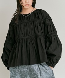 タイプライター 切り替え シャーリング ブラウス トップス /Cotton Typewriter Shirring Flare Top