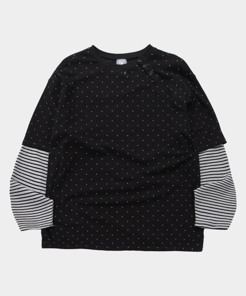 SOME PLACE（サムプレイス）の「ミニドットカラーアンバランスストライプツーウェイレイヤードTシャツ[ブラック]（Tシャツ/カットソー・レディース・ブラック・FREE）」の3枚目の写真
