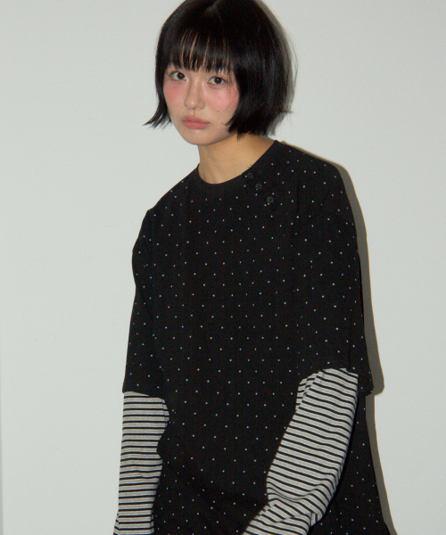 SOME PLACE（サムプレイス）の「ミニドットカラーアンバランスストライプツーウェイレイヤードTシャツ[ブラック]（Tシャツ/カットソー・レディース・ブラック・FREE）」の6枚目の写真