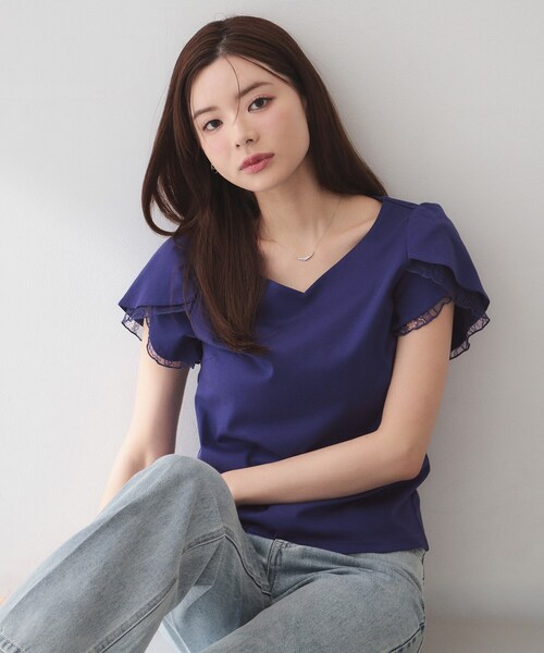 index(インデックス)の「【接触冷感/UVケア】ハートネックレースレイヤードトップス《洗濯機OK/6col》(Tシャツ/カットソー・レディース・ブルー系その他/ピンク/ナチュラル/ネイビー系5/ホワイト系9/ブラック・42/36/40/38)」の4枚目の写真