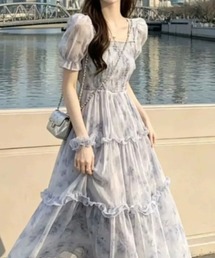 スクエアネック パフスリーブ シフォン 小花柄ワンピース