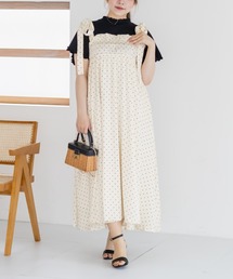 ドット柄ショルダーリボンワンピース