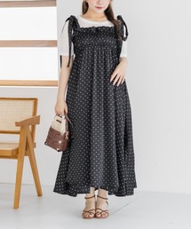 ドット柄ショルダーリボンワンピース