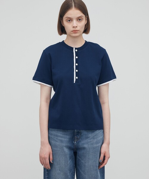 EDITION(エディション)の「コットンレイヤードヘンリーTシャツ(Tシャツ/カットソー・レディース・ダークブルー/ライトグレー・34/36)」の4枚目の写真