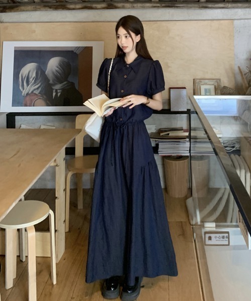 FAVORITO(ファヴォリート)の「シャツトップススカートセットアップ(セットアップ・レディース・ダークブルー・S/L/M)」の10枚目の写真