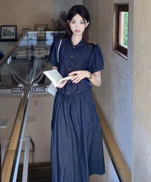 FAVORITO(ファヴォリート)の「シャツトップススカートセットアップ(セットアップ・レディース・ダークブルー・S/L/M)」の7枚目の写真