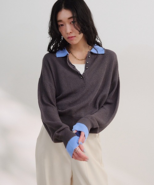 Shelly island(シェリーアイランド)の「レイヤード見えポロプルオーバー(ニット/セーター・レディース・チャコールグレー/ホワイト・FREE)」の3枚目の写真