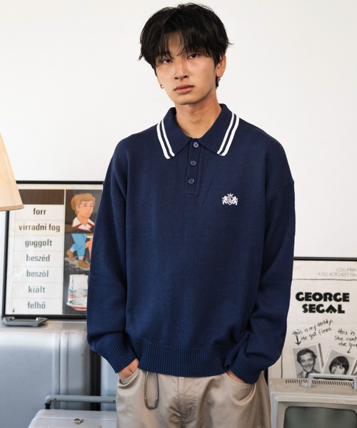 WEGO(ウィゴー)の「WEGO/【26年秋冬新作】ラインニットポロプルオーバー(ポロシャツ・メンズ・ネイビー/ホワイト/ブラック・MEDIUM/LARGE)」の15枚目の写真