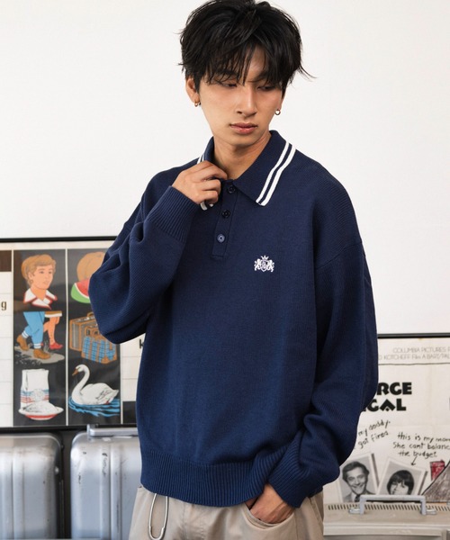 WEGO(ウィゴー)の「WEGO/【26年秋冬新作】ラインニットポロプルオーバー(ポロシャツ・メンズ・ネイビー/ホワイト/ブラック・MEDIUM/LARGE)」の11枚目の写真