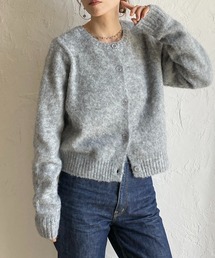 ウール混 クルーネック ショート丈 長袖 モヘアタッチ シャギーニットカーディガン