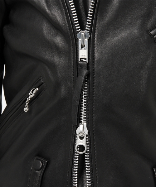 X-girl（エックスガール）の「SHEEP LEATHER RACING JACKET /レザージャケット/本革/羊革/ライダース/チェック/裏地（ライダースジャケット・レディース・ブラック・1/2）」の12枚目の写真