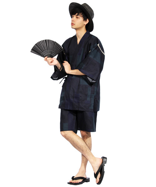 紬甚平 絣紬作務衣＜8番色 水色＞【和粋庵】（かすりつむぎさむえ
