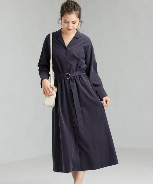 green label relaxing（グリーンレーベルリラクシング）の「FM オープンカラー シャツ ワンピース（シャツワンピース・レディース・ベージュ/ネイビー/ブラウン・FREE）」の3枚目の写真