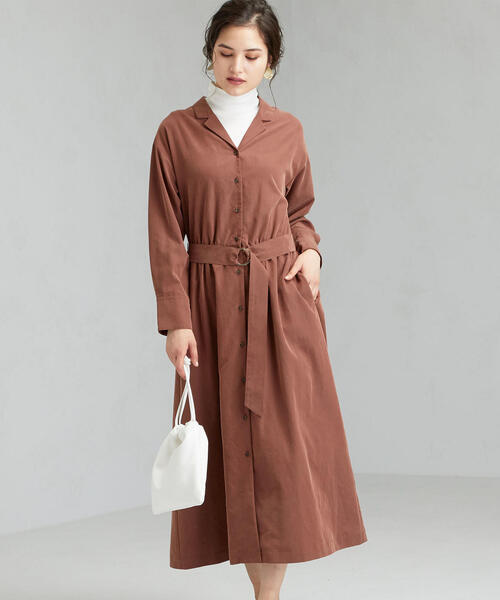 green label relaxing（グリーンレーベルリラクシング）の「FM オープンカラー シャツ ワンピース（シャツワンピース・レディース・ベージュ/ネイビー/ブラウン・FREE）」の2枚目の写真