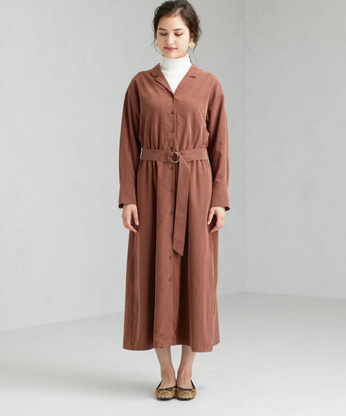 green label relaxing（グリーンレーベルリラクシング）の「FM オープンカラー シャツ ワンピース（シャツワンピース・レディース・ベージュ/ネイビー/ブラウン・FREE）」の5枚目の写真