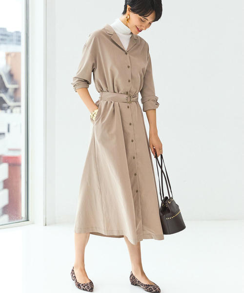 green label relaxing（グリーンレーベルリラクシング）の「FM オープンカラー シャツ ワンピース（シャツワンピース・レディース・ベージュ/ネイビー/ブラウン・FREE）」の19枚目の写真