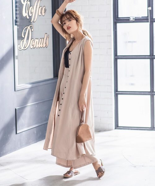 KOBE LETTUCE（コウベレタス）の「フロントボタン2WAYリネン調ガウンワンピース【セットアップOK】（ワンピース・レディース・ベージュ/カーキ/モカ/レッド系その他・FREE）」の3枚目の写真