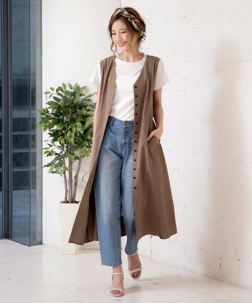 KOBE LETTUCE（コウベレタス）の「フロントボタン2WAYリネン調ガウンワンピース【セットアップOK】（ワンピース・レディース・ベージュ/カーキ/モカ/レッド系その他・FREE）」の2枚目の写真