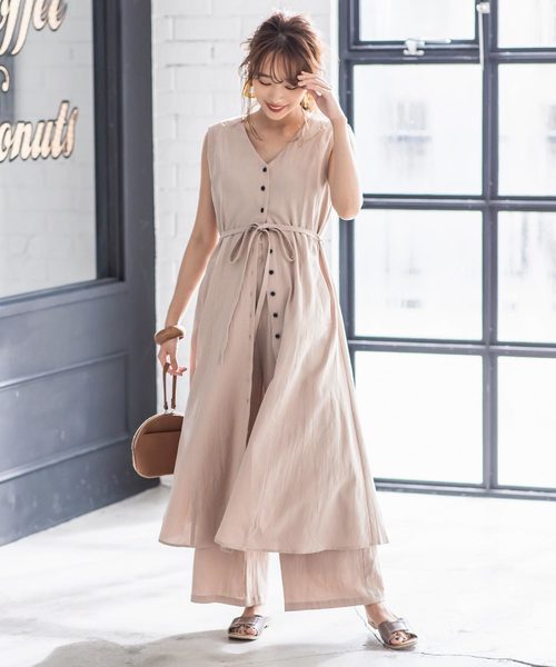 KOBE LETTUCE（コウベレタス）の「フロントボタン2WAYリネン調ガウンワンピース【セットアップOK】（ワンピース・レディース・ベージュ/カーキ/モカ/レッド系その他・FREE）」の6枚目の写真