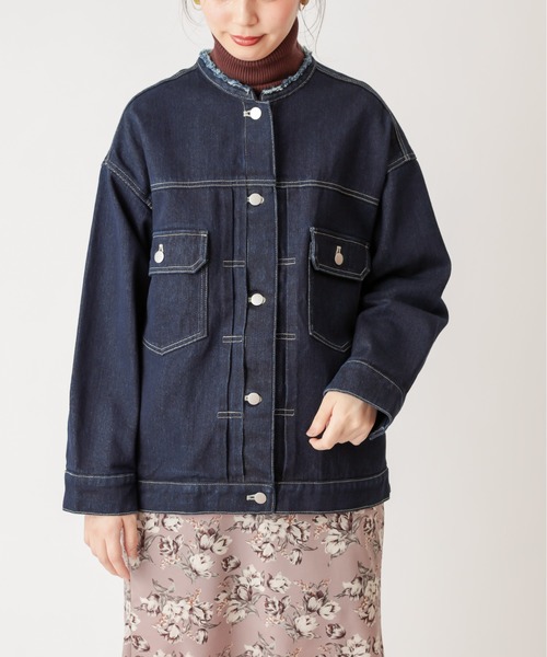 natural couture(ナチュラルクチュール)の「ノーカラーリメイクGジャン(デニムジャケット・レディース・ベージュ/ネイビー/ブルー・FREE)」の10枚目の写真