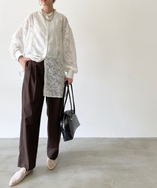 NEUNA（ヌナ）の「バンドカラーシースルーシアージャガードバルーン袖刺繍ブラウス（シャツ/ブラウス・レディース・ホワイト/ブラック・FREE）」の6枚目の写真