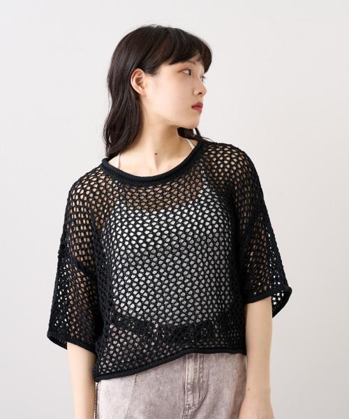 RASVOA（ラスボア）の「メッシュ半袖ショートプルオーバー（Tシャツ/カットソー・レディース・ブラック/オフホワイト・FREE）」の6枚目の写真