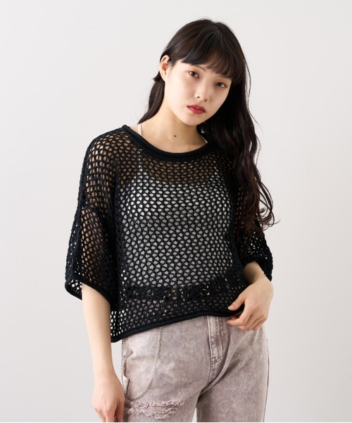 RASVOA（ラスボア）の「メッシュ半袖ショートプルオーバー（Tシャツ/カットソー・レディース・ブラック/オフホワイト・FREE）」の13枚目の写真