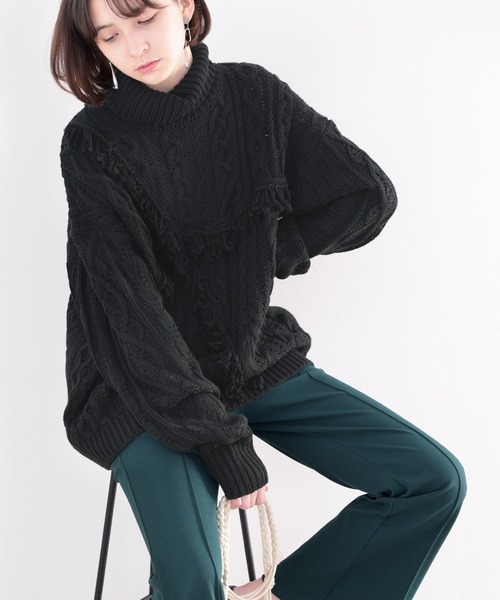 セール】個性放つ1枚。フリンジ&ケーブル編みオーバーニット（ニット