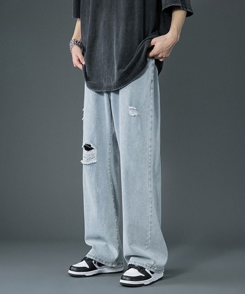 Ressaca（レサーカ）の「ワイドストレート リラックスルーズ ダメージデニム（デニムパンツ・メンズ・ライトブルー/サックスブルー・L/M/S/XL/XXL）」の2枚目の写真