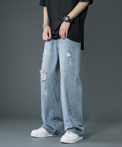 Ressaca（レサーカ）の「ワイドストレート リラックスルーズ ダメージデニム（デニムパンツ・メンズ・ライトブルー/サックスブルー・L/M/S/XL/XXL）」の15枚目の写真