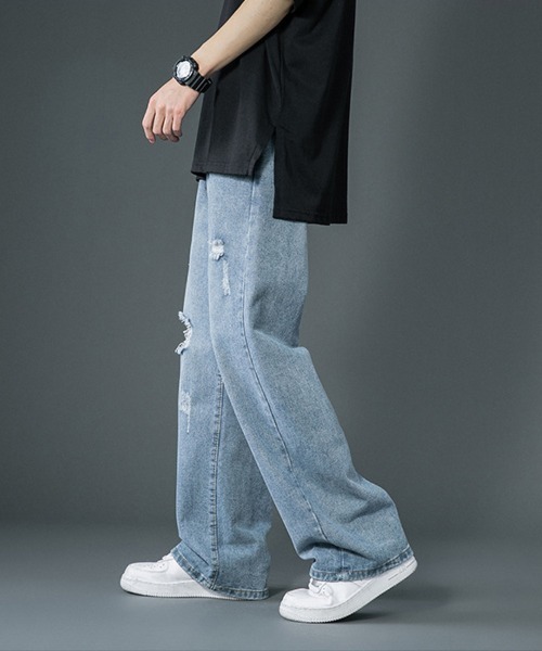 Ressaca（レサーカ）の「ワイドストレート リラックスルーズ ダメージデニム（デニムパンツ・メンズ・ライトブルー/サックスブルー・L/M/S/XL/XXL）」の11枚目の写真