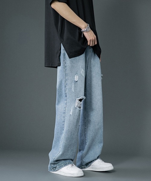 Ressaca（レサーカ）の「ワイドストレート リラックスルーズ ダメージデニム（デニムパンツ・メンズ・ライトブルー/サックスブルー・L/M/S/XL/XXL）」の19枚目の写真