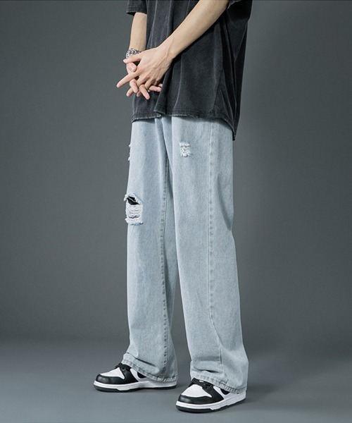 Ressaca（レサーカ）の「ワイドストレート リラックスルーズ ダメージデニム（デニムパンツ・メンズ・ライトブルー/サックスブルー・L/M/S/XL/XXL）」の22枚目の写真