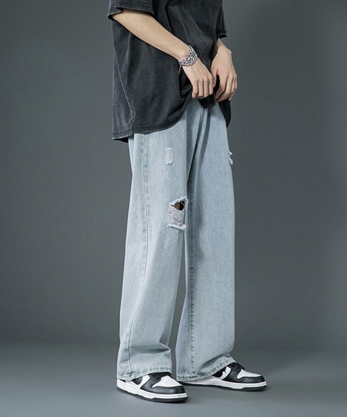 Ressaca（レサーカ）の「ワイドストレート リラックスルーズ ダメージデニム（デニムパンツ・メンズ・ライトブルー/サックスブルー・L/M/S/XL/XXL）」の3枚目の写真