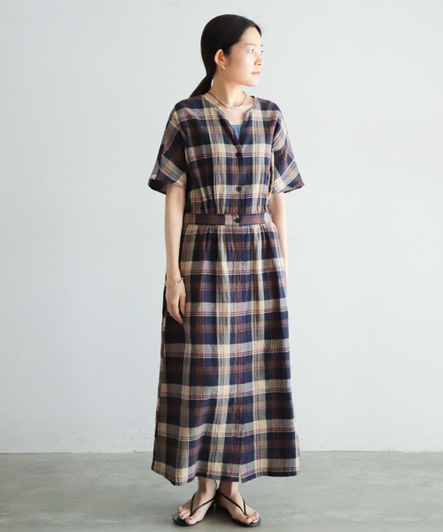NOMBRE IMPAIR(ノンブルアンペール)の「オーガニックチェック 半袖ワンピース(ワンピース・レディース・ブラウン/ネイビー・FREE)」の1枚目の写真