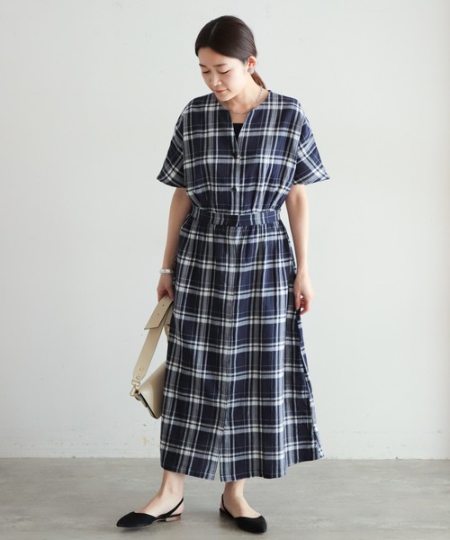 NOMBRE IMPAIR(ノンブルアンペール)の「オーガニックチェック 半袖ワンピース(ワンピース・レディース・ブラウン/ネイビー・FREE)」の4枚目の写真