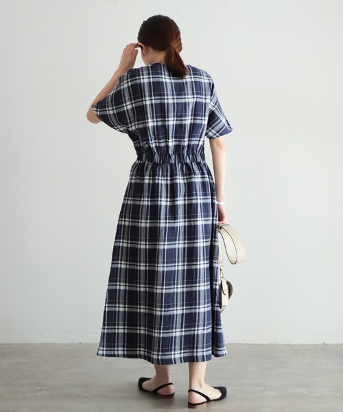 NOMBRE IMPAIR(ノンブルアンペール)の「オーガニックチェック 半袖ワンピース(ワンピース・レディース・ブラウン/ネイビー・FREE)」の5枚目の写真