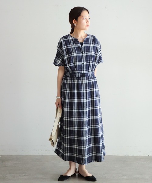 NOMBRE IMPAIR(ノンブルアンペール)の「オーガニックチェック 半袖ワンピース(ワンピース・レディース・ブラウン/ネイビー・FREE)」の6枚目の写真