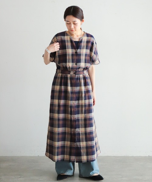 NOMBRE IMPAIR(ノンブルアンペール)の「オーガニックチェック 半袖ワンピース(ワンピース・レディース・ブラウン/ネイビー・FREE)」の8枚目の写真