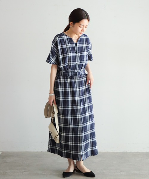 NOMBRE IMPAIR(ノンブルアンペール)の「オーガニックチェック 半袖ワンピース(ワンピース・レディース・ブラウン/ネイビー・FREE)」の3枚目の写真