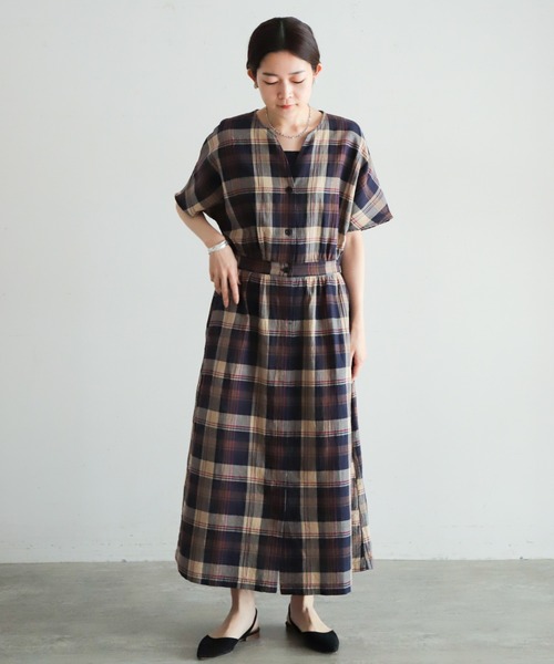 NOMBRE IMPAIR(ノンブルアンペール)の「オーガニックチェック 半袖ワンピース(ワンピース・レディース・ブラウン/ネイビー・FREE)」の11枚目の写真